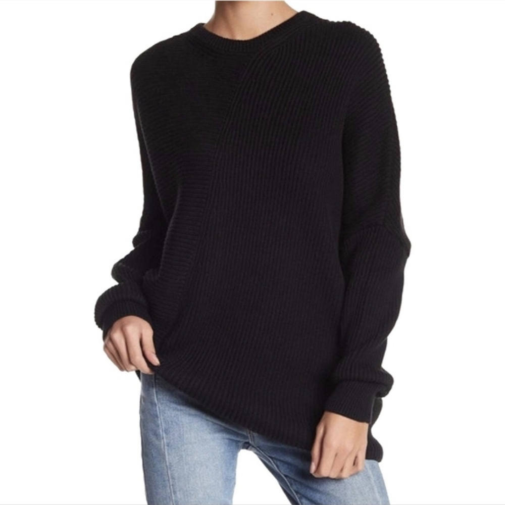 Free People Downtown Sweater Asymmetrical Ribbed Slouchy Drop Shoulder Black S